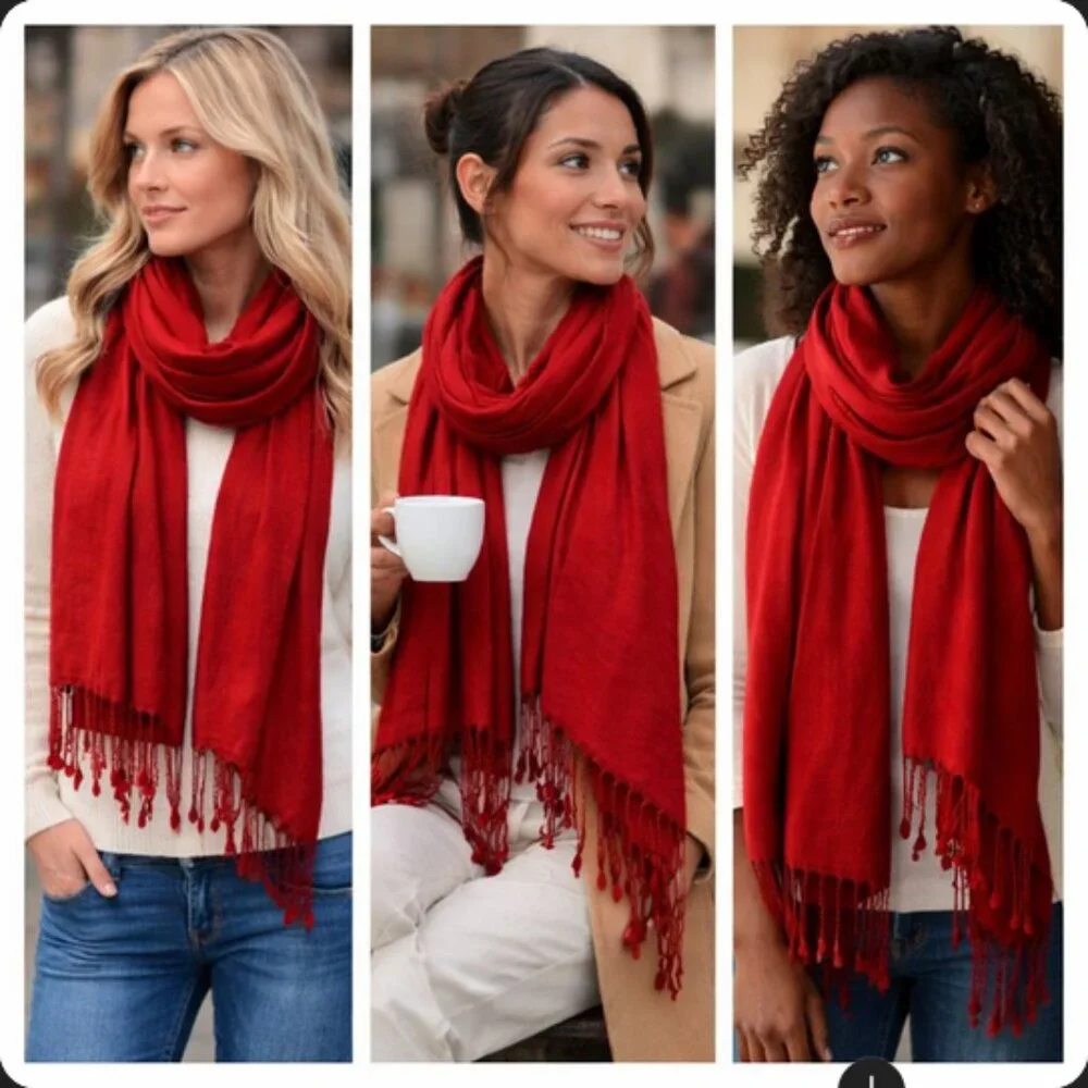 ❤️ Vintage Red Pashmina & Silk Scarf | Made in Nepal | Artsy Bohemian Timeless